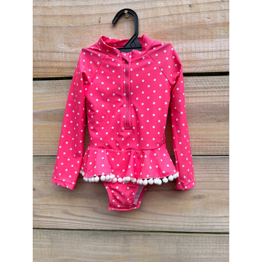 Real Love Baby Girls Pink Polka Dot Long Sleeve Rash Guard Swimsuit 12M Pom Pom